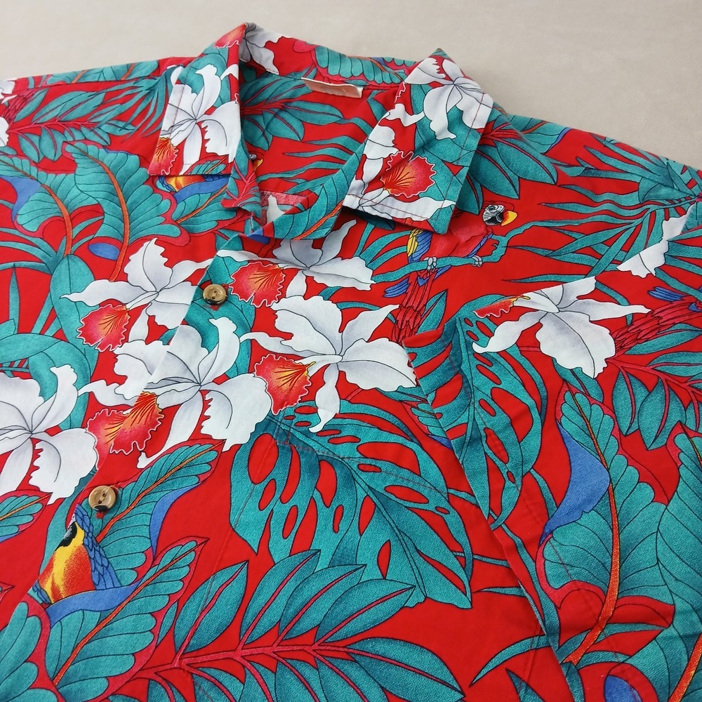 Jade Fashions Large Mens Shirt Hawaiian Camp Parrots Cotton 24x27 Magnum PI Like